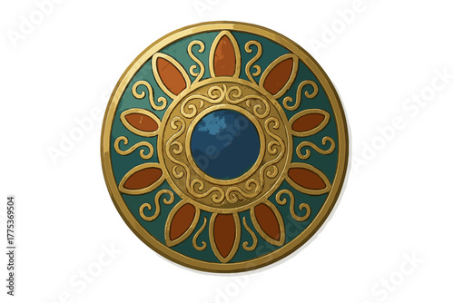 Ornate circular fantasy shield with intricate gold trim and teal and orange accents