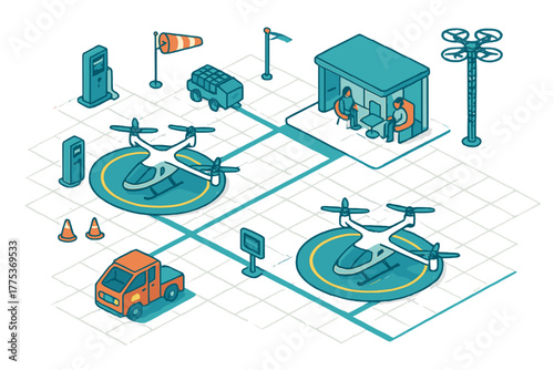 Urban air mobility infrastructure with eVTOL aircraft landing pads and passenger waiting area