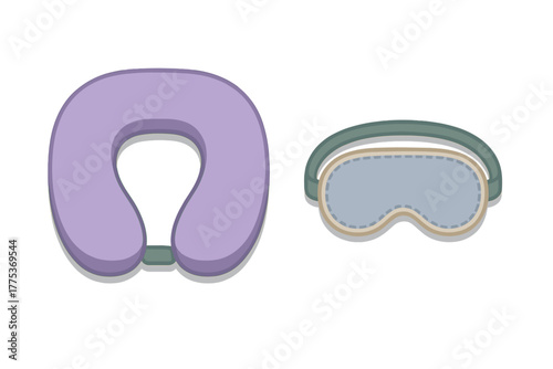Purple neck pillow and gray sleep mask set for travel comfort and relaxation during journeys