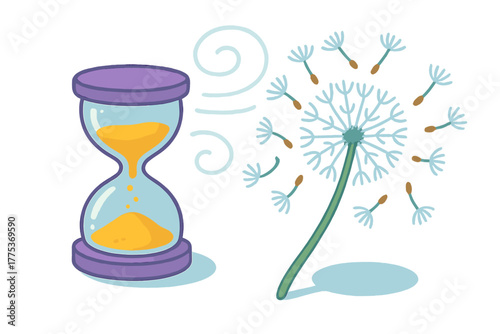 Hourglass and dandelion shedding seeds symbolizing the passage of time