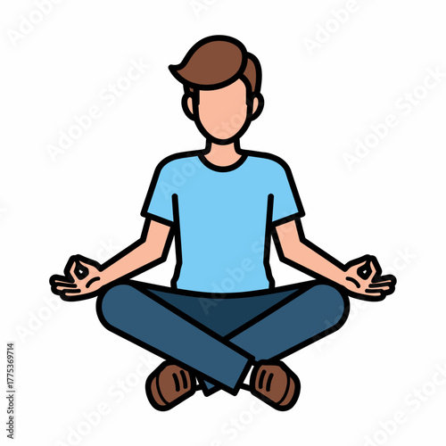 Flat vector, serene man in lotus position for meditation exercise