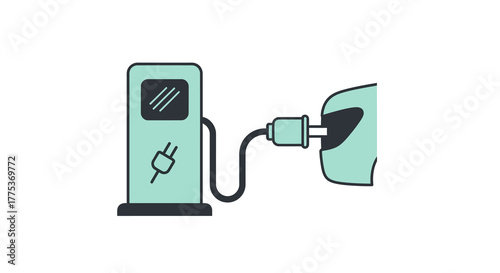 Vector illustration of an electric vehicle connected to a power supply at a public charging station, flat line art icon style