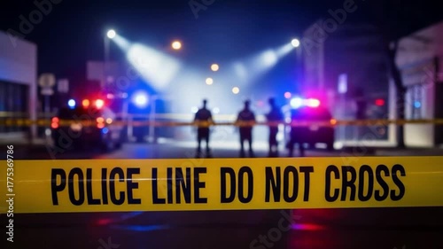 Police line do not cross tape with officers and police car at night at a crime scene with lights