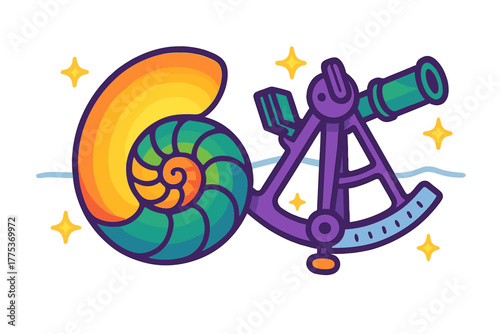 Colorful nautilus shell and nautical sextant instrument for sea navigation