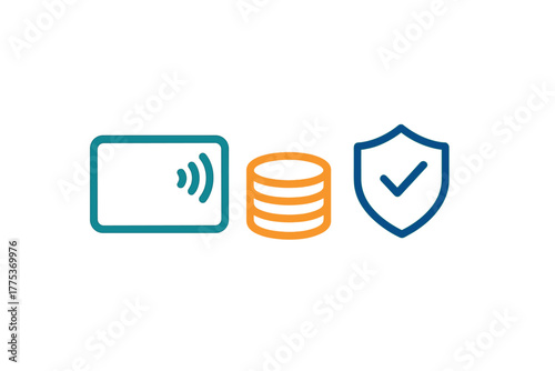 Contactless payment card, stacked coins, data storage, and security shield icon set