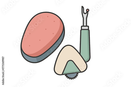 Set of tailoring and crafting tools including seam ripper, pressing cushion, and tracing wheel
