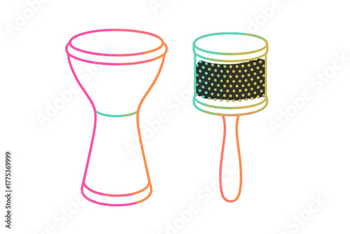 Traditional goblet drum and handheld shaker percussion instruments with colorful outlines