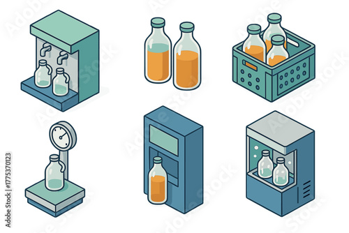 Isometric bottling factory equipment stages: filling machine, weighing scale, and packaging crate