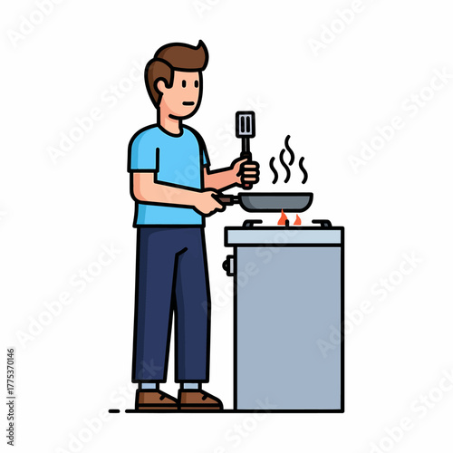 Flat vector man cooking meal on stove in kitchen scene illustration