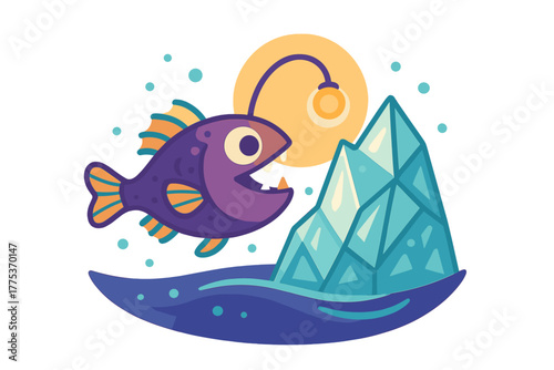 Purple anglerfish with glowing lure swimming near a geometric blue iceberg