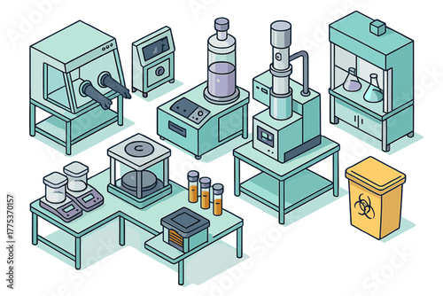Modern scientific research laboratory instruments and apparatus in isometric perspective
