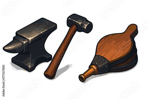 Traditional blacksmith tools: iron anvil, sledgehammer, and wooden bellows on white background