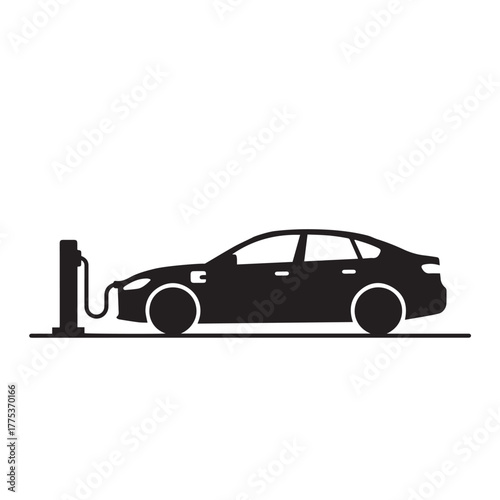 Silhouette of electric car charging at station, white background