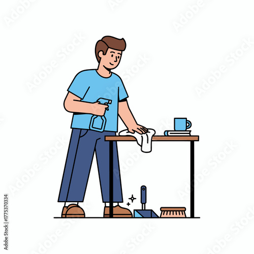 Flat vector man cleaning table with spray and cloth at home