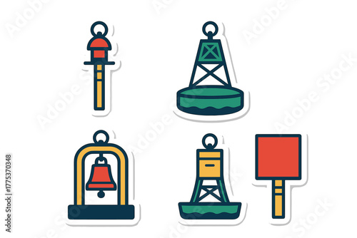 Set of five different nautical buoys and sea markers used for maritime navigation