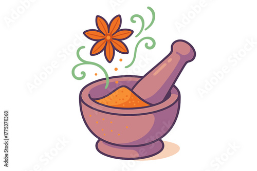 Traditional mortar and pestle grinding aromatic spices with star anise flower and swirling steam