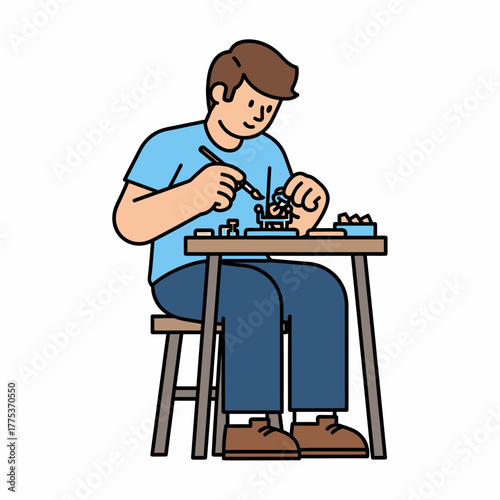 Line illustration: Man sculpting miniature clay figure on table activity