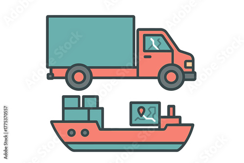 Commercial delivery truck and ocean cargo vessel representing global freight transport