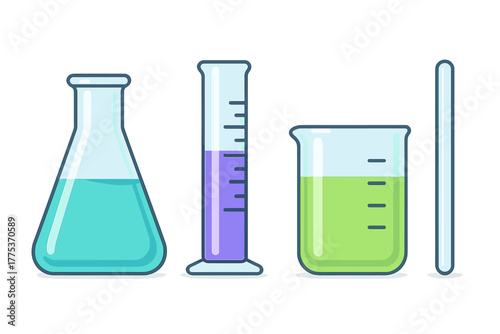 Collection of essential chemistry laboratory equipment including flask, cylinder, and beaker filled with colored solutions