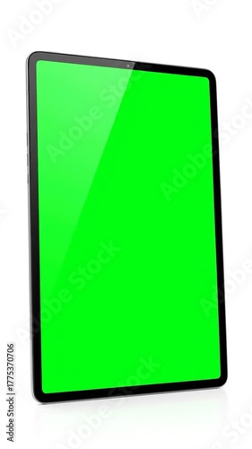 Modern tablet with vibrant green screen, angled view on white background