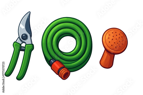 Set of essential gardening tools including pruning shears, coiled hose, and watering nozzle