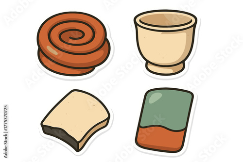 Cartoon stickers featuring a cinnamon roll, ceramic cup, slice of bread, and layered dessert