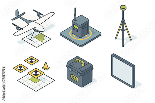 Isometric icons set of professional drone surveying and geospatial mapping equipment