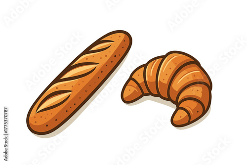 Traditional French bakery items featuring a long baguette loaf and a flaky golden croissant