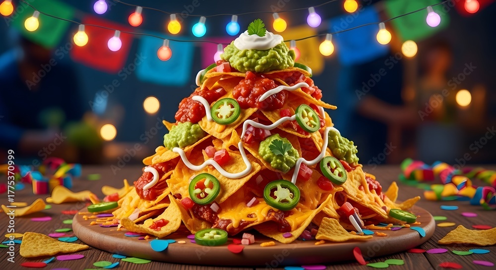 Naklejka premium A mountain of cheesy nachos topped with jalapeños, guacamole, salsa, and sour cream, for National Nacho Day