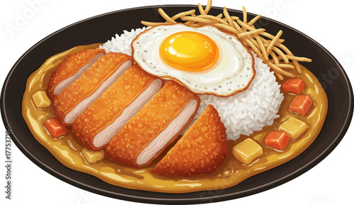 Chicken Katsu Curry Rice with fried egg, digital illustration isolated.