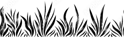 Chalk drawn grass seamless border. Artistic monochrome botanical illustration. Horizontal floral pattern