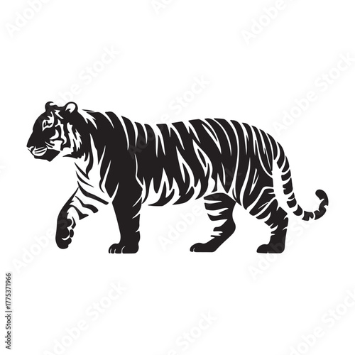 Striking Tiger Silhouette Black and White Vector