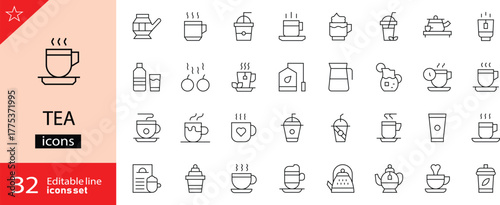 Tea icons set. Includes symbols of tea cups, teapots, tea leaves, kettles, mugs, and herbal brewing elements. Editable stroke. Vector illustration. Outline icons. Perfect for food, and beverage. 