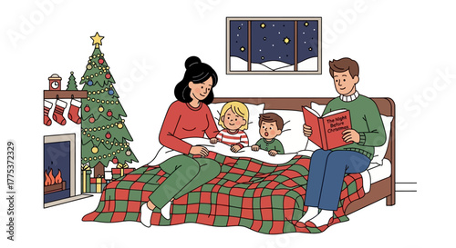 Cozy Christmas Eve Family reads a holiday story by the fireplace and decorated tree