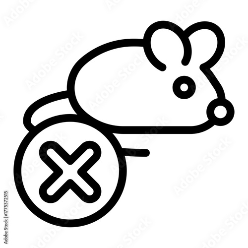 Laboratory mouse ban line icon, pest concept. Vector graphics. Rat with close button, forbidden item sign on white background, style icon mobile or web design.