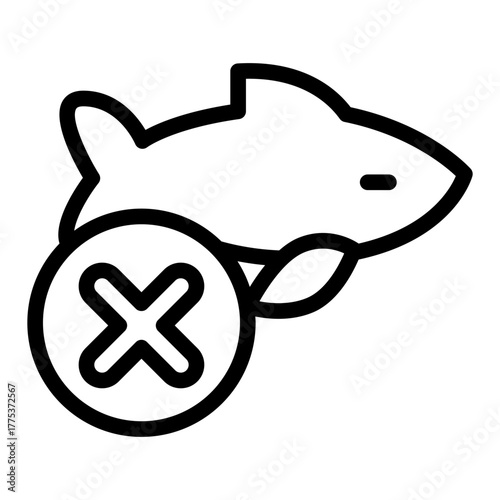 Fishing ban line icon, seafood concept. Vector graphics. Fish with close button, forbidden item sign on white background, style icon mobile or web design.