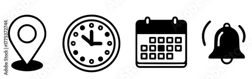 Location, Time, Calendar and Notification Line Icons, vector symbol set for app UI, event scheduling, and reminder systems