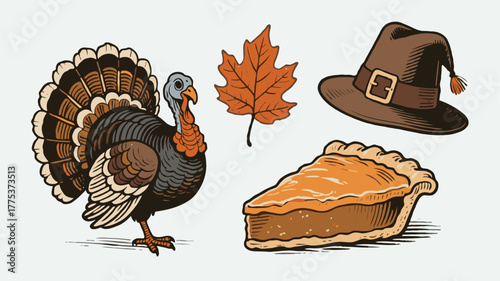 Hand-drawn Thanksgiving-themed elements including a turkey, pie slice, autumn leaf, and pilgrim hat on a light background