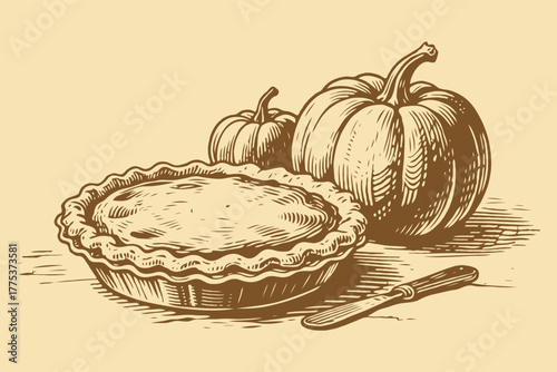 Hand-drawn style image of a pumpkin pie, pumpkins, and knife on beige background, evoking autumn harvest and traditional baking themes