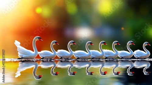 Fototapeta Naklejka Na Ścianę i Meble -  Elegant swans swimming in serene water nature scene reflection calm environment side view beauty of wildlife