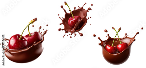 Fresh cherry in chocolate isolated on transparent background