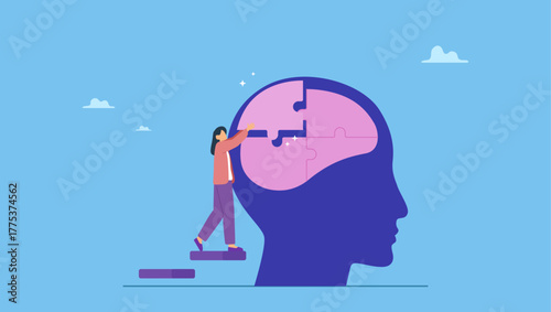 A woman solve jigsaw puzzle in human brain head. Psychology, mental health or brain cognition, mind therapy , emotion or solution to solve wellbeing problem, mood disease or anxiety care.