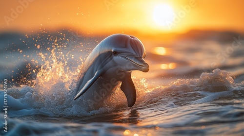 Dolphin leaps in sunrise ocean spray