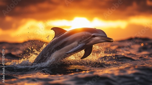Dolphin leaps ocean sunset