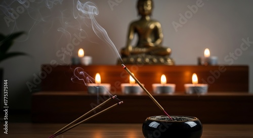Smoking incense stick in the foreground. On background Small statue of Buddha with incense sticks and burning candles
