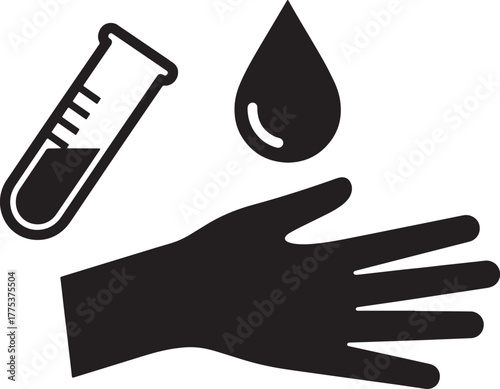 Medical analysis concept with test tube blood drop and glove.