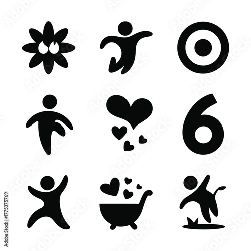A set of nine black and white icons on, each representing a unique symbol, perfect for diverse design applications