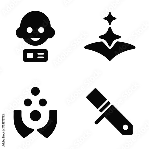 Collection of magic trick icons, featuring a magician, a star, a wand, and a potion for a magical experience