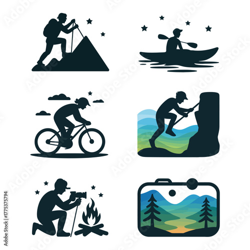 Collection of outdoor adventure icons showcasing hiking, kayaking, biking, climbing, photography, and camping on, ideal for adventure themes