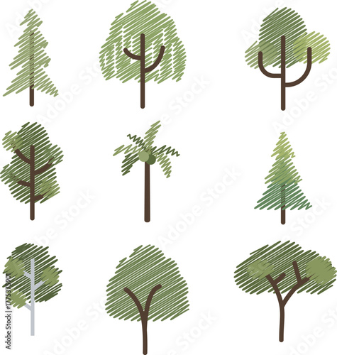 Hand Drawn Tree Illustration Set — Scribble Forest Plants, Green Botanical Elements
